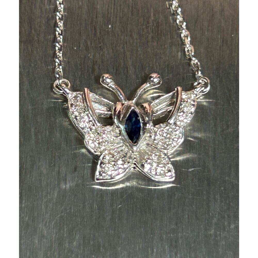 14k solid white gold blue sapphire diamond accents butterfly pendant necklace